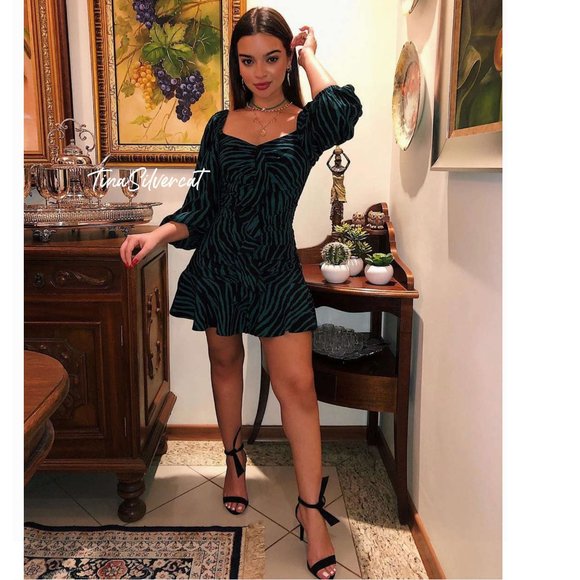 BLOGGER'S FAVE! Zara Ruched Mini Print Dress Green/Black NWT - Picture 5 of 16